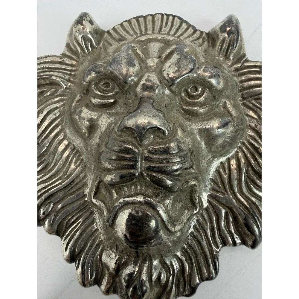 Figural Cut Out Lion Head Animal Belt Buckle Vintage Silver Tone